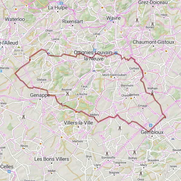 Map miniature of "Explore the Countryside on a Gravel Cycling Route from Sauvenière" cycling inspiration in Prov. Namur, Belgium. Generated by Tarmacs.app cycling route planner