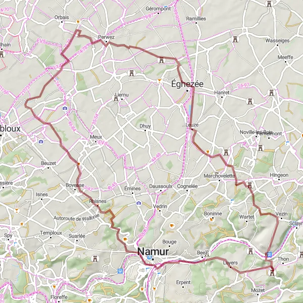 Map miniature of "Gravel Adventure: Perwez to Rhisnes" cycling inspiration in Prov. Namur, Belgium. Generated by Tarmacs.app cycling route planner