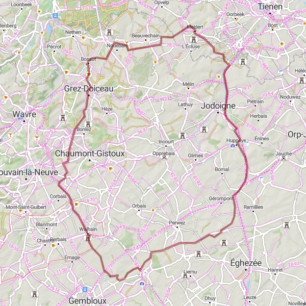 Map miniature of "Scenic Gravel Route from Sauvenière to Grand-Leez" cycling inspiration in Prov. Namur, Belgium. Generated by Tarmacs.app cycling route planner