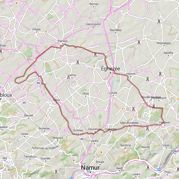 Map miniature of "Discover Hidden Gems Along the Gravel Route of Sauvenière" cycling inspiration in Prov. Namur, Belgium. Generated by Tarmacs.app cycling route planner