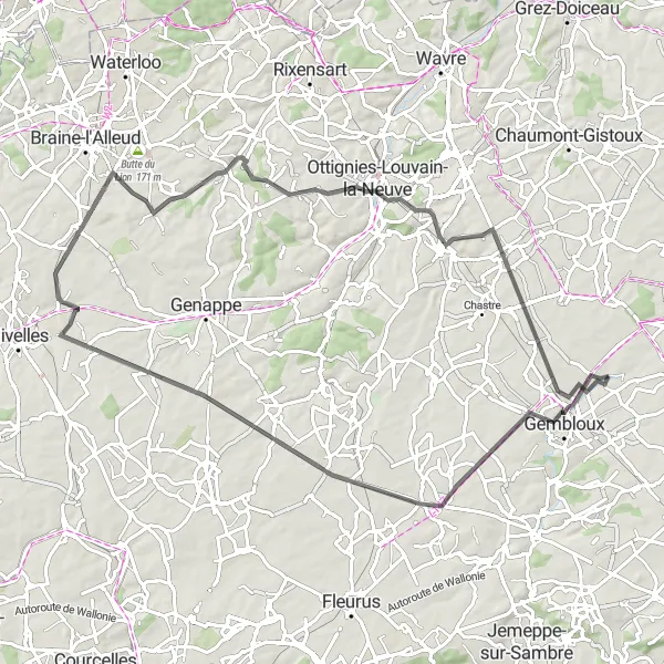Map miniature of "Sombreffe to Mont-Saint-Guibert" cycling inspiration in Prov. Namur, Belgium. Generated by Tarmacs.app cycling route planner