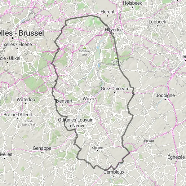 Miniatuurkaart van de fietsinspiratie "Uitdagende wegfietsroute via Lasne en Terbank" in Prov. Namur, Belgium. Gemaakt door de Tarmacs.app fietsrouteplanner