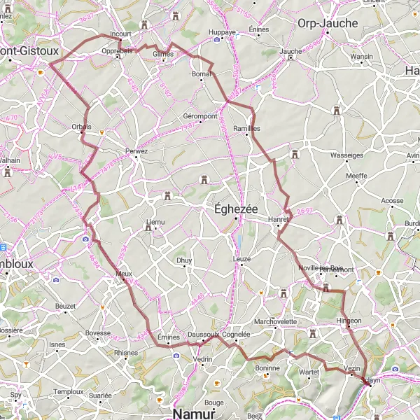 Karten-Miniaturansicht der Radinspiration "Gravel-Tour durch Gelbressée und Jauchelette" in Prov. Namur, Belgium. Erstellt vom Tarmacs.app-Routenplaner für Radtouren