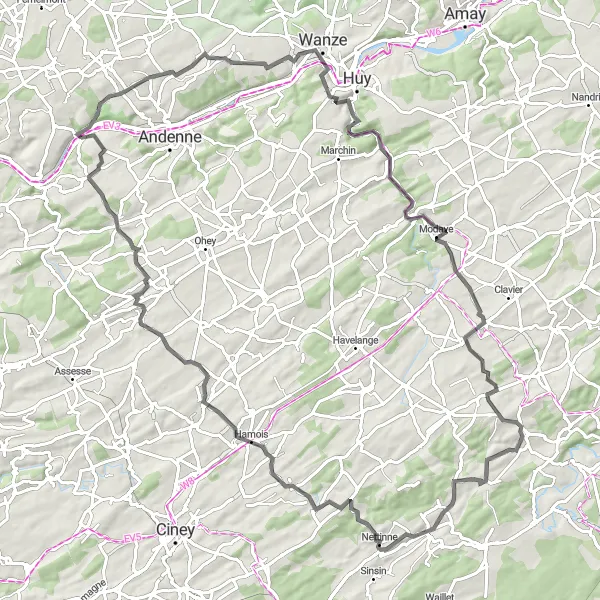 Miniature de la carte de l'inspiration cycliste "Parcours autour de Sclayn et Landenne" dans la Prov. Namur, Belgium. Générée par le planificateur d'itinéraire cycliste Tarmacs.app