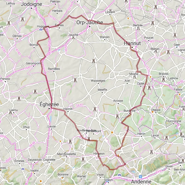 Map miniature of "Seilles to Waret-l'Évêque Gravel Route" cycling inspiration in Prov. Namur, Belgium. Generated by Tarmacs.app cycling route planner