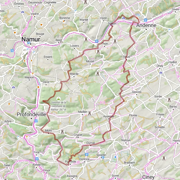 Miniatuurkaart van de fietsinspiratie "Gravelroute vanuit Seilles" in Prov. Namur, Belgium. Gemaakt door de Tarmacs.app fietsrouteplanner