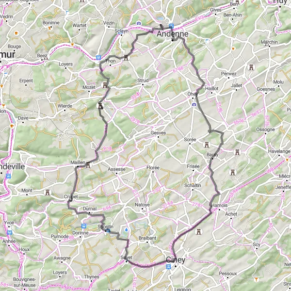 Map miniature of "Seilles to Crupet Road Route" cycling inspiration in Prov. Namur, Belgium. Generated by Tarmacs.app cycling route planner