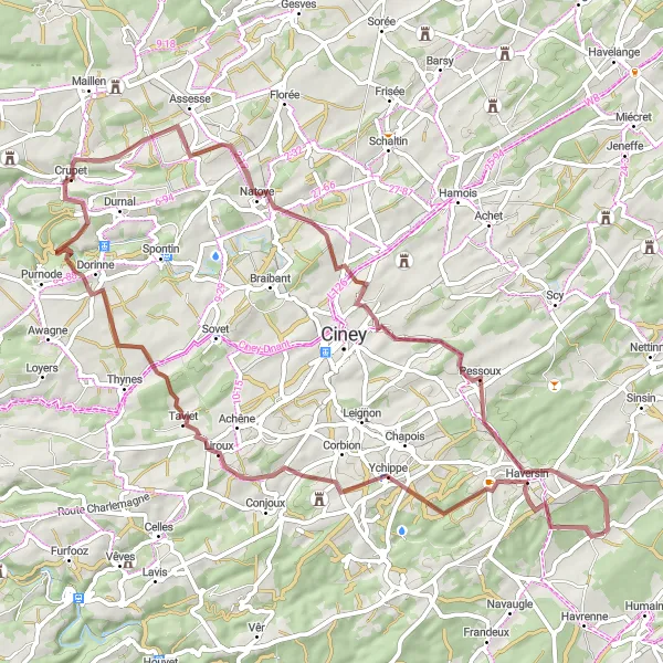 Map miniature of "Serene Gravel Expedition" cycling inspiration in Prov. Namur, Belgium. Generated by Tarmacs.app cycling route planner