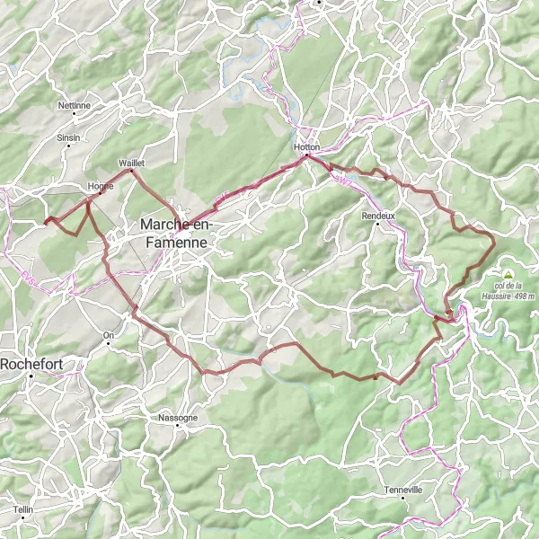 Miniatuurkaart van de fietsinspiratie "Gravelroute door heuvelachtig landschap van Serinchamps" in Prov. Namur, Belgium. Gemaakt door de Tarmacs.app fietsrouteplanner