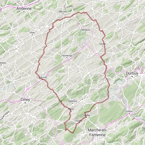 Miniatuurkaart van de fietsinspiratie "Verken de heuvels rond Serinchamps op deze graveltocht" in Prov. Namur, Belgium. Gemaakt door de Tarmacs.app fietsrouteplanner