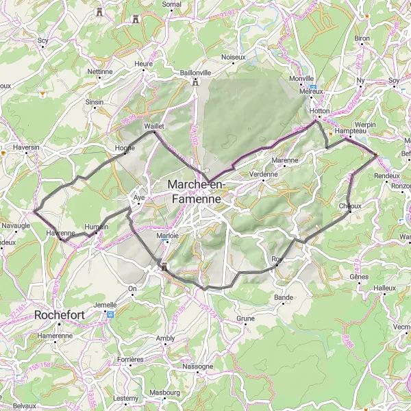 Miniatuurkaart van de fietsinspiratie "Pittoreske roadrit door Hampteau en Roy" in Prov. Namur, Belgium. Gemaakt door de Tarmacs.app fietsrouteplanner