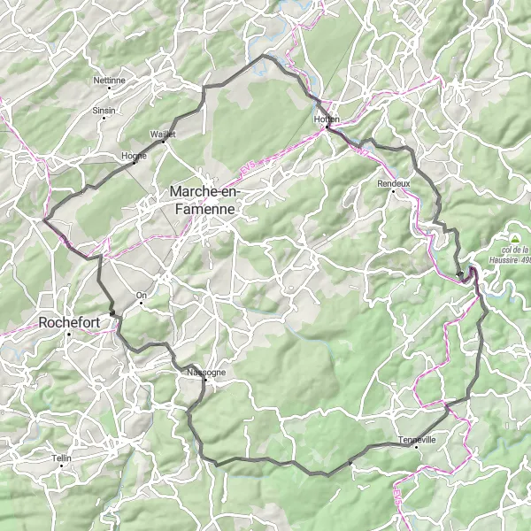 Miniatuurkaart van de fietsinspiratie "Uitdagende roadrit in Nassogne en Havrenne" in Prov. Namur, Belgium. Gemaakt door de Tarmacs.app fietsrouteplanner