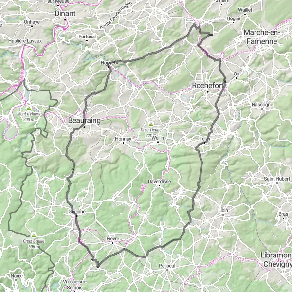 Miniatuurkaart van de fietsinspiratie "Wegrit door de groene omgeving van Serinchamps" in Prov. Namur, Belgium. Gemaakt door de Tarmacs.app fietsrouteplanner