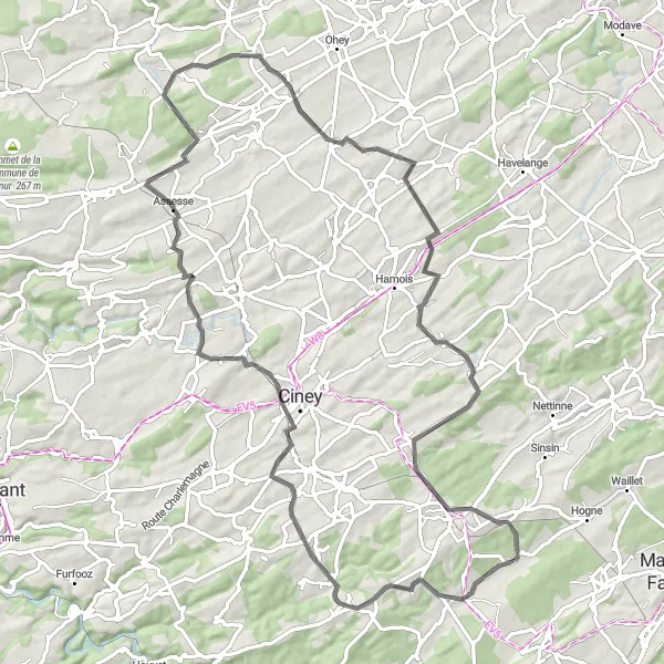Map miniature of "Breathtaking Serinchamps Road Cycling Route" cycling inspiration in Prov. Namur, Belgium. Generated by Tarmacs.app cycling route planner
