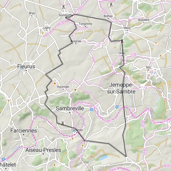 Map miniature of "Road Cycling Adventure Around Sombreffe" cycling inspiration in Prov. Namur, Belgium. Generated by Tarmacs.app cycling route planner