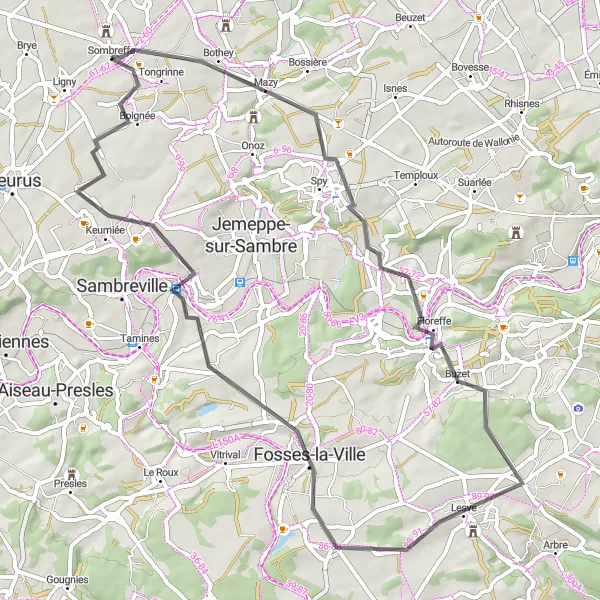 Miniatuurkaart van de fietsinspiratie "Abdijen en Kastelen" in Prov. Namur, Belgium. Gemaakt door de Tarmacs.app fietsrouteplanner