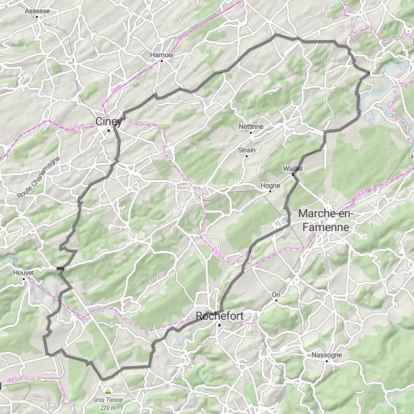 Map miniature of "Somme-Leuze to Waillet Cycling Route" cycling inspiration in Prov. Namur, Belgium. Generated by Tarmacs.app cycling route planner