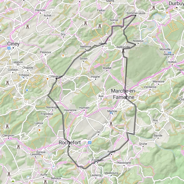 Map miniature of "Baillonville Loop Cycling Route" cycling inspiration in Prov. Namur, Belgium. Generated by Tarmacs.app cycling route planner