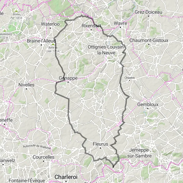 Map miniature of "Moignelée Challenge" cycling inspiration in Prov. Namur, Belgium. Generated by Tarmacs.app cycling route planner