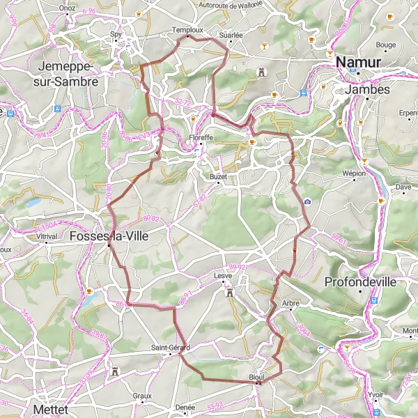 Karten-Miniaturansicht der Radinspiration "Gravel-Tour durch die malerische Landschaft von Namur" in Prov. Namur, Belgium. Erstellt vom Tarmacs.app-Routenplaner für Radtouren