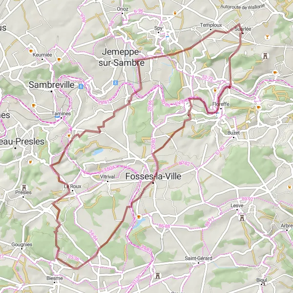 Map miniature of "Floriffoux and Beyond: Short but Exciting Gravel Tour" cycling inspiration in Prov. Namur, Belgium. Generated by Tarmacs.app cycling route planner