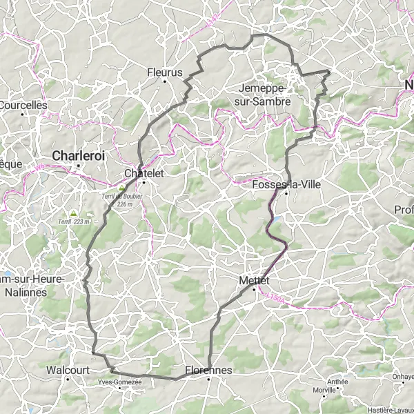 Map miniature of "Around Temploux: The Challenging Road Tour" cycling inspiration in Prov. Namur, Belgium. Generated by Tarmacs.app cycling route planner