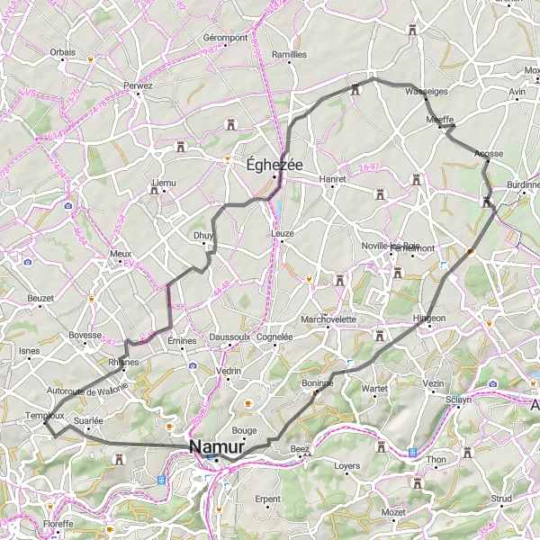 Map miniature of "The Longchamps Loop" cycling inspiration in Prov. Namur, Belgium. Generated by Tarmacs.app cycling route planner