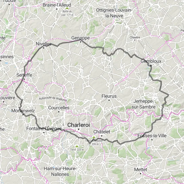 Miniatuurkaart van de fietsinspiratie "Rondrit naar Genappe via Bouffioulx en Fayt-lez-Manage" in Prov. Namur, Belgium. Gemaakt door de Tarmacs.app fietsrouteplanner