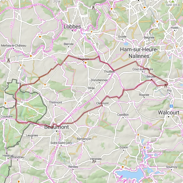 Miniatuurkaart van de fietsinspiratie "Gravelavontuur rond Montignies-Saint-Christophe" in Prov. Namur, Belgium. Gemaakt door de Tarmacs.app fietsrouteplanner