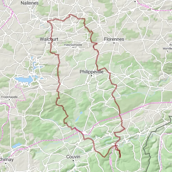 Map miniature of "A Challenge through Thy-le-Château and Viroinval" cycling inspiration in Prov. Namur, Belgium. Generated by Tarmacs.app cycling route planner