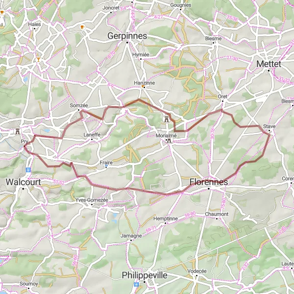 Miniature de la carte de l'inspiration cycliste "Parcours Gravel de Thy-le-Château à Pry" dans la Prov. Namur, Belgium. Générée par le planificateur d'itinéraire cycliste Tarmacs.app