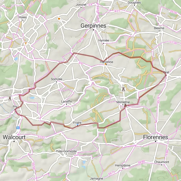 Map miniature of "Gravel Route from Thy-le-Château" cycling inspiration in Prov. Namur, Belgium. Generated by Tarmacs.app cycling route planner