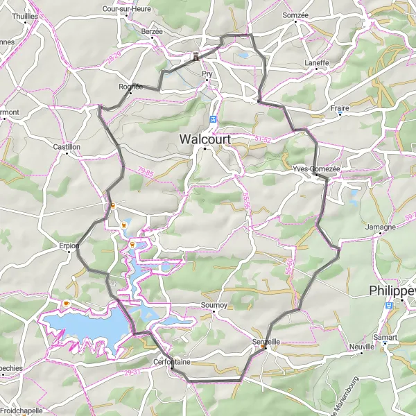 Map miniature of "Spectacular Views and Charming Villages near Thy-le-Château" cycling inspiration in Prov. Namur, Belgium. Generated by Tarmacs.app cycling route planner