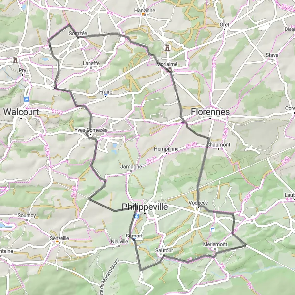 Map miniature of "Somzée and Gourdinne Circuit" cycling inspiration in Prov. Namur, Belgium. Generated by Tarmacs.app cycling route planner