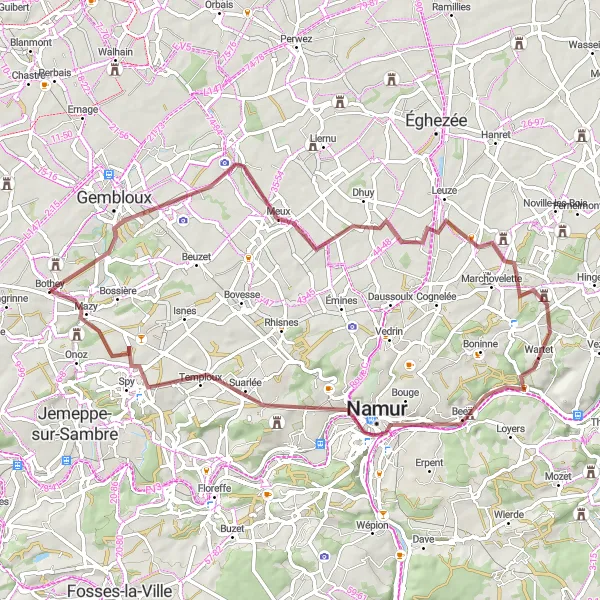 Miniatuurkaart van de fietsinspiratie "Gravel Avontuur rond Tongrinne" in Prov. Namur, Belgium. Gemaakt door de Tarmacs.app fietsrouteplanner