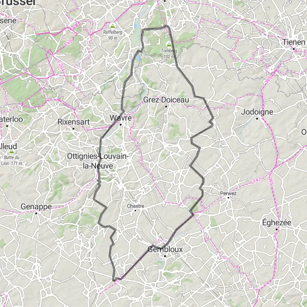 Map miniature of "Tongrinne - Wavre Road Adventure" cycling inspiration in Prov. Namur, Belgium. Generated by Tarmacs.app cycling route planner