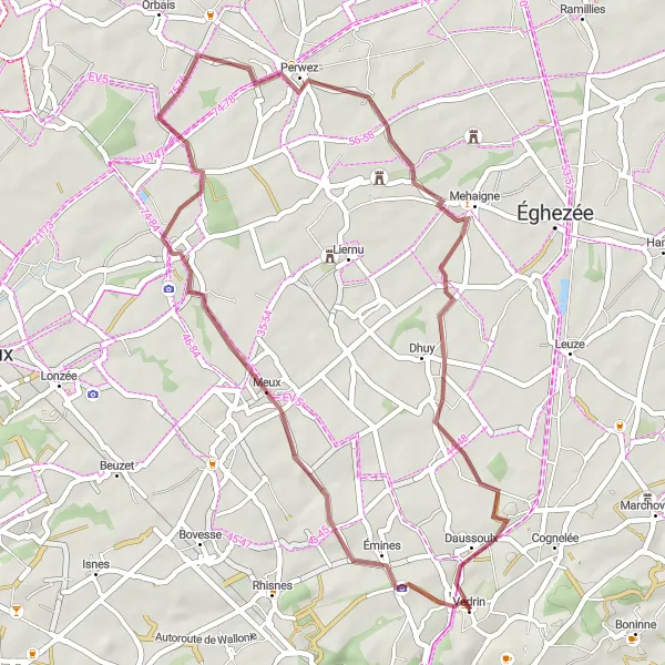 Karten-Miniaturansicht der Radinspiration "Gravelroute durch Meux, Perwez und Upigny" in Prov. Namur, Belgium. Erstellt vom Tarmacs.app-Routenplaner für Radtouren