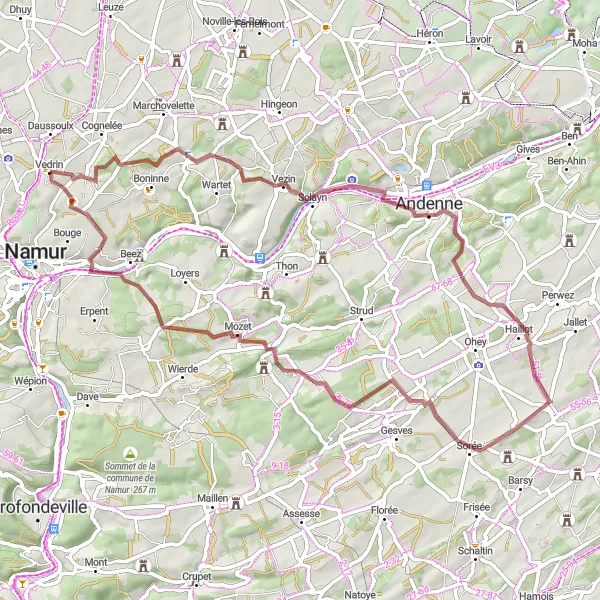 Karten-Miniaturansicht der Radinspiration "Gravelroute durch Gelbressée, Coutisse und Sorée" in Prov. Namur, Belgium. Erstellt vom Tarmacs.app-Routenplaner für Radtouren