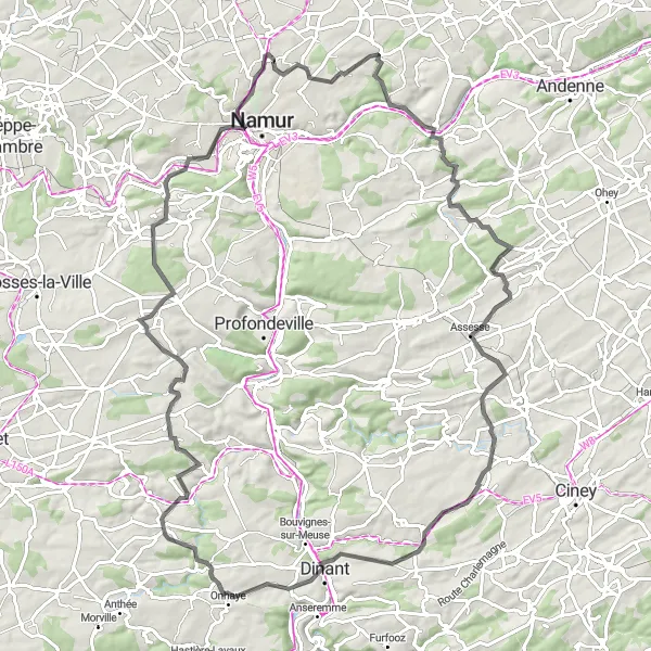 Map miniature of "Scenic Road Adventure" cycling inspiration in Prov. Namur, Belgium. Generated by Tarmacs.app cycling route planner