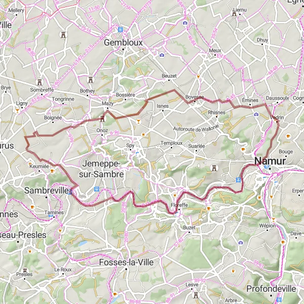 Map miniature of "Gravel Route to Franière" cycling inspiration in Prov. Namur, Belgium. Generated by Tarmacs.app cycling route planner