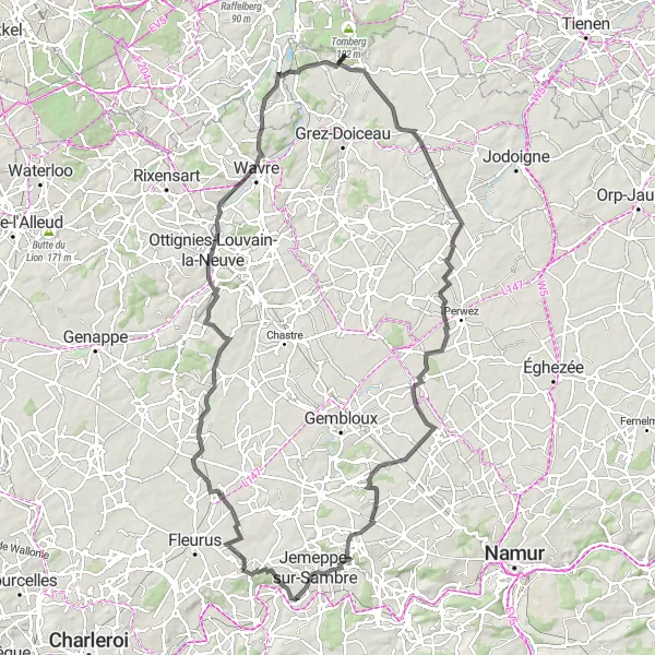 Miniatuurkaart van de fietsinspiratie "Avontuurlijke fietsroute naar Auvelais via Limal en Spy" in Prov. Namur, Belgium. Gemaakt door de Tarmacs.app fietsrouteplanner