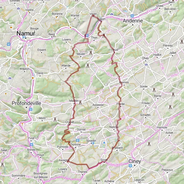 Miniatuurkaart van de fietsinspiratie "Gravelroute via Château de Bonneville" in Prov. Namur, Belgium. Gemaakt door de Tarmacs.app fietsrouteplanner