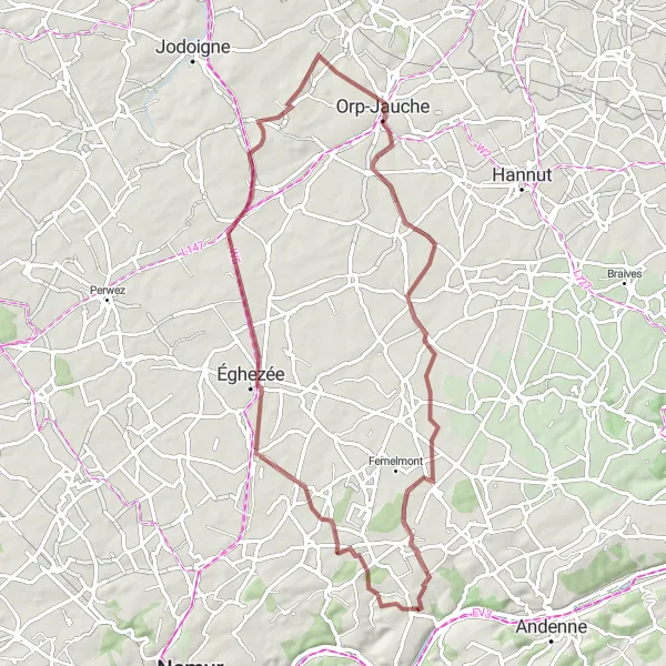 Miniature de la carte de l'inspiration cycliste "Escapade à Leuze" dans la Prov. Namur, Belgium. Générée par le planificateur d'itinéraire cycliste Tarmacs.app