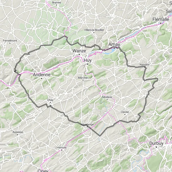 Miniature de la carte de l'inspiration cycliste "Parcours épique jusqu'à Ohey" dans la Prov. Namur, Belgium. Générée par le planificateur d'itinéraire cycliste Tarmacs.app