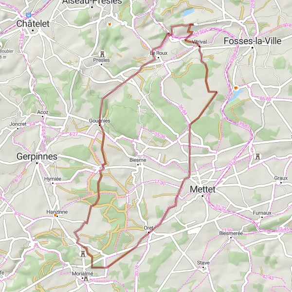 Karten-Miniaturansicht der Radinspiration "Rundkurs ab Vitrival über Aisemont und Gougnies" in Prov. Namur, Belgium. Erstellt vom Tarmacs.app-Routenplaner für Radtouren