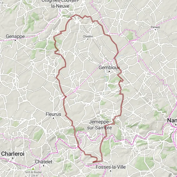 Karten-Miniaturansicht der Radinspiration "Gravel-Rundfahrt durch Aisemont und Mellery" in Prov. Namur, Belgium. Erstellt vom Tarmacs.app-Routenplaner für Radtouren