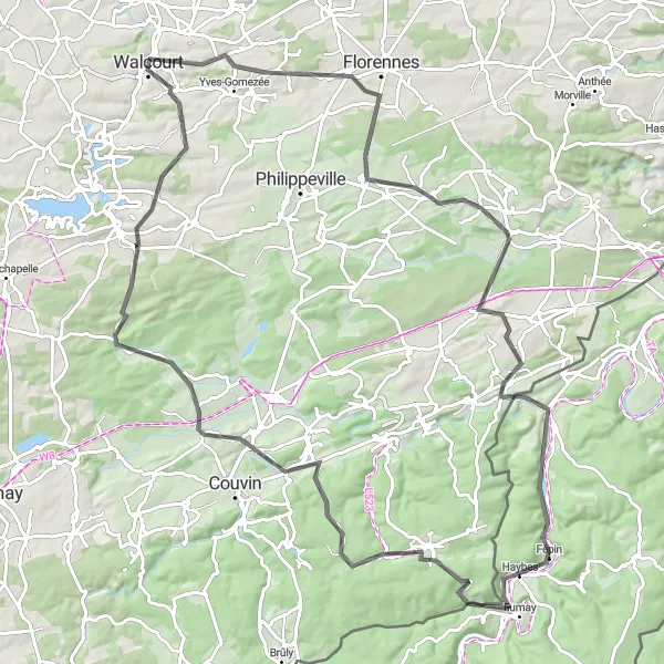 Map miniature of "Serene Rural Exploration" cycling inspiration in Prov. Namur, Belgium. Generated by Tarmacs.app cycling route planner