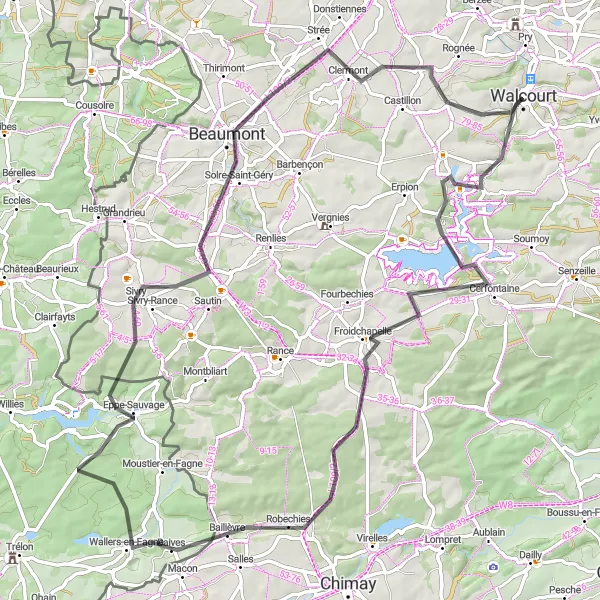 Karten-Miniaturansicht der Radinspiration "Hügeliges Straßenradfahren rund um Walcourt" in Prov. Namur, Belgium. Erstellt vom Tarmacs.app-Routenplaner für Radtouren