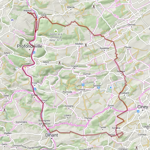 Map miniature of "Wépion Gravel Adventure" cycling inspiration in Prov. Namur, Belgium. Generated by Tarmacs.app cycling route planner