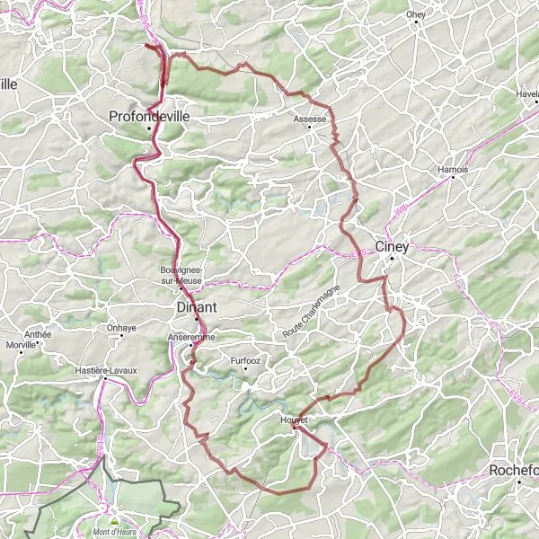 Map miniature of "Challenge Yourself on Gravel Trails" cycling inspiration in Prov. Namur, Belgium. Generated by Tarmacs.app cycling route planner